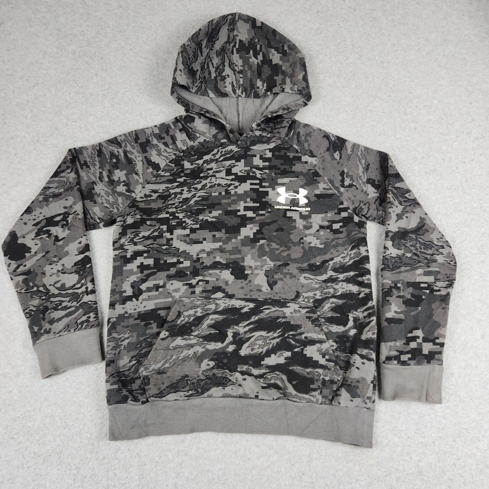 Under Armour Hoodie Boys Youth Medium Gray Digital Camo Fleece Lined Loose Fit